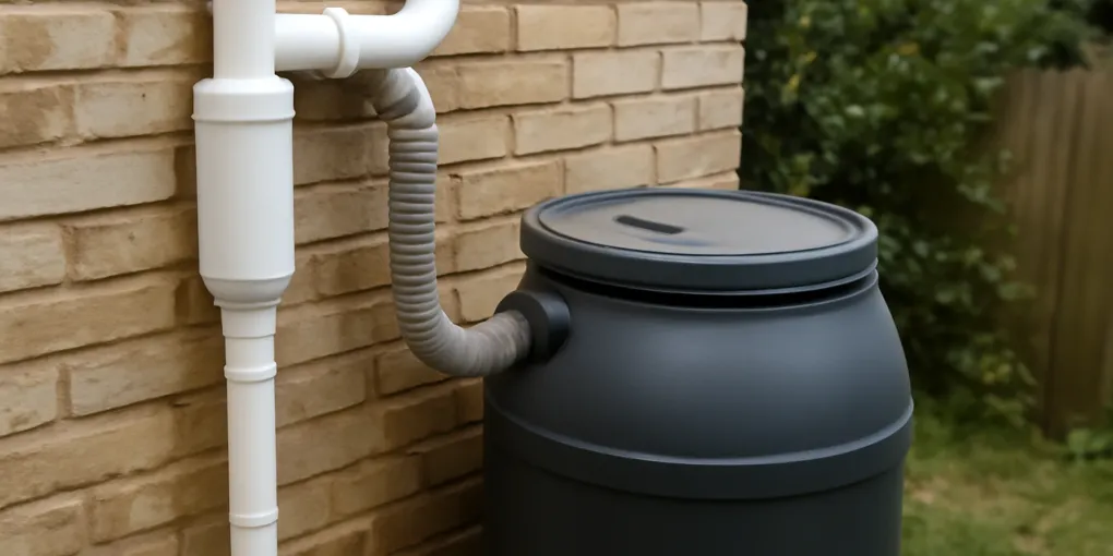 photorealistic downspout first-flush diverter, leaf separator, and rain barrel inlet filter installed beside a garden wall after light rain