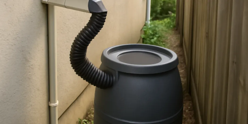 photorealistic close view of a rain barrel beside a narrow wall with flexible downspout adapter parts and gutter outlet