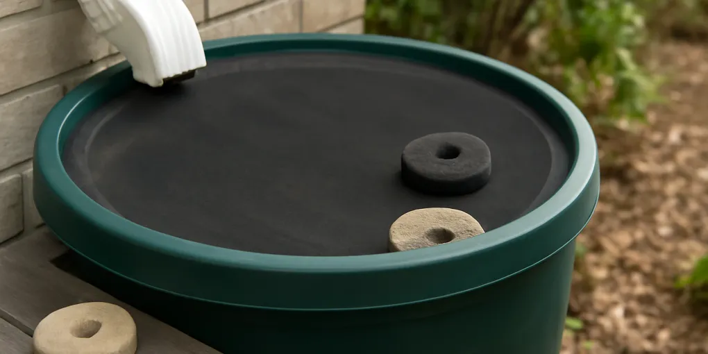 rain barrel lid with fine mesh screen, mosquito dunk package, overflow hose cover, and garden gloves on a patio