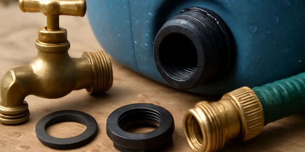 close up of a rain barrel spigot repair kit with brass valve, bulkhead washers, thread tape, and garden tools on a patio workbench