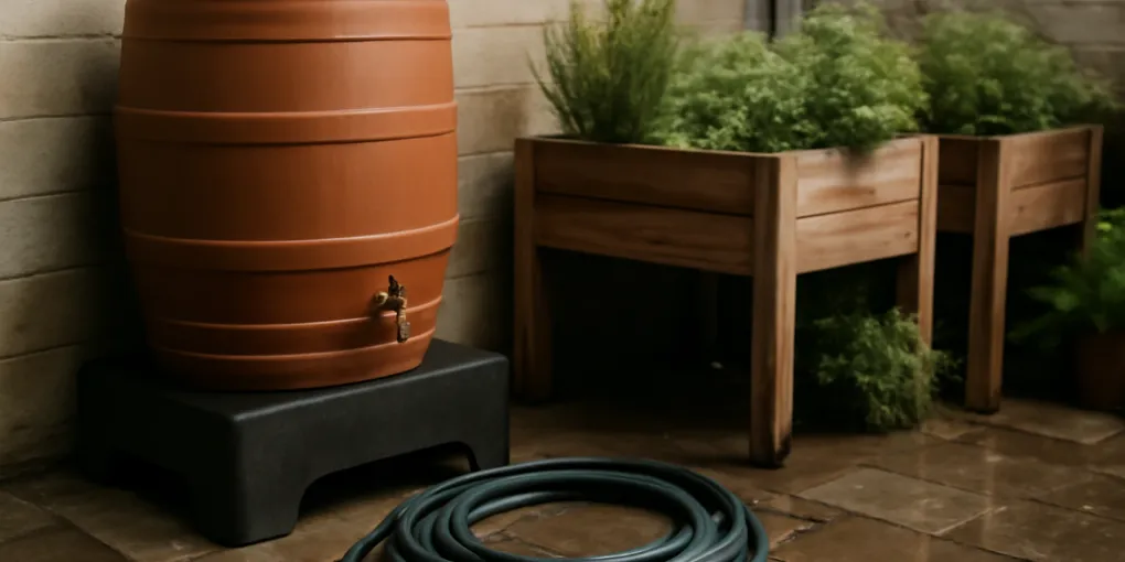 photorealistic small patio rain barrel on a low sturdy stand with pavers, a brass spigot, coiled garden hose, and raised herb planters after rain