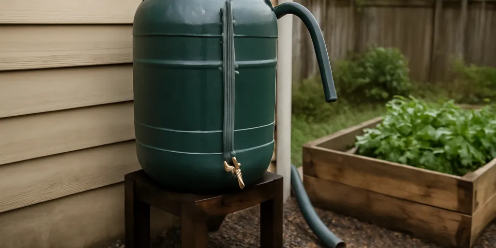 photorealistic backyard rain barrel with a clear water level gauge, brass spigot, overflow hose, and raised vegetable beds after rain
