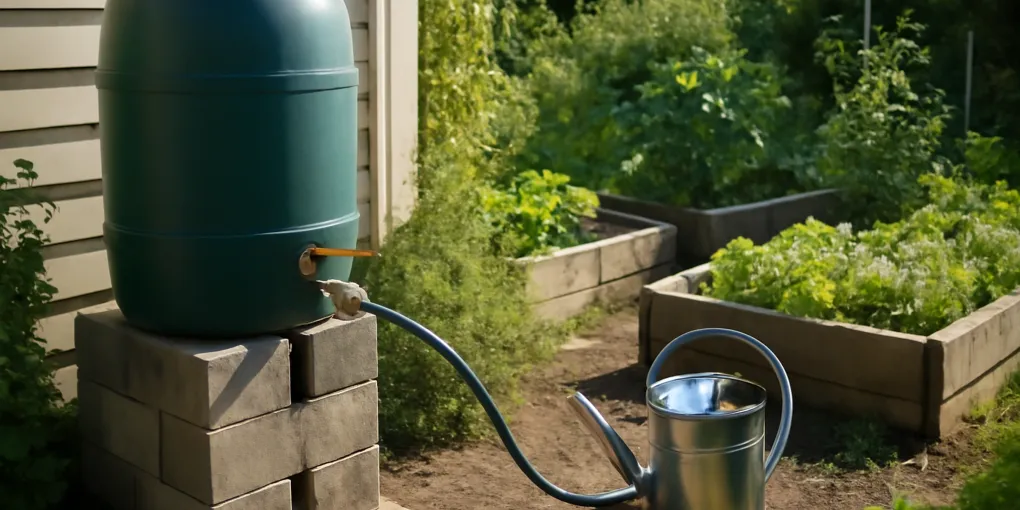 photorealistic raised rain barrel connected to a short garden hose with a brass shutoff valve, inline filter, and watering can beside raised beds