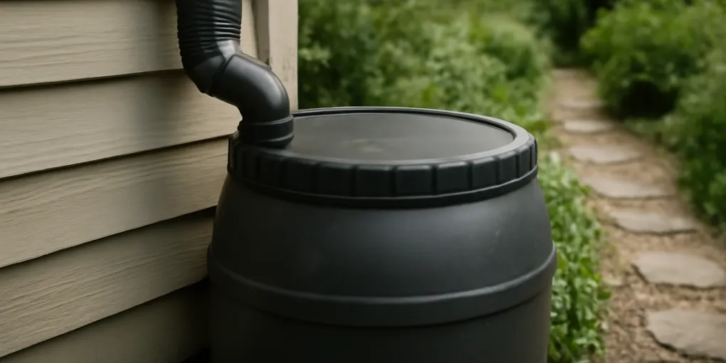 cutaway rain barrel diverter kit installed on a residential downspout beside a clean outdoor barrel