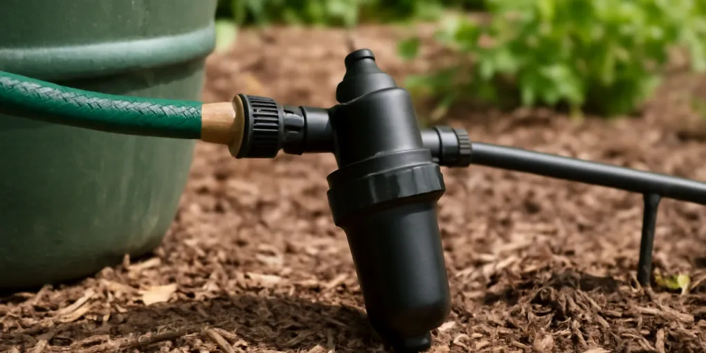 cleanable mesh filter and barrel inlet screen beside drip tubing parts on a potting bench