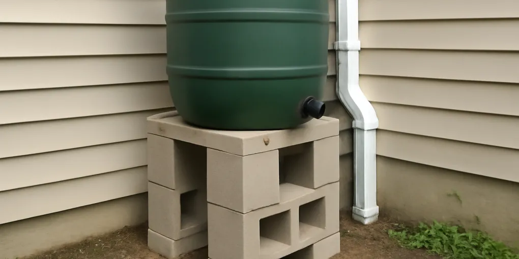 photorealistic rain barrel on a low block stand beside a downspout with a level patio base and garden hose