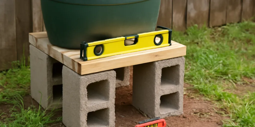 photorealistic raised rain barrel on a level paver base with sturdy stand blocks beside a garden downspout