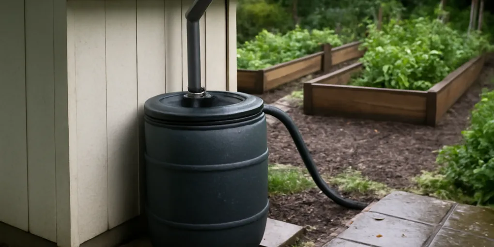photorealistic shed-side rain barrel on wet patio pavers with a downspout, covered inlet, overflow hose, raised vegetable beds, and backyard after rain
