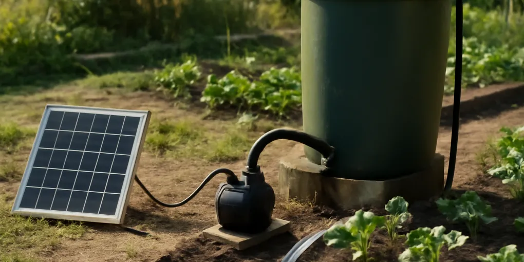 compact utility pump connected to a rain barrel with a garden hose and drip irrigation filter