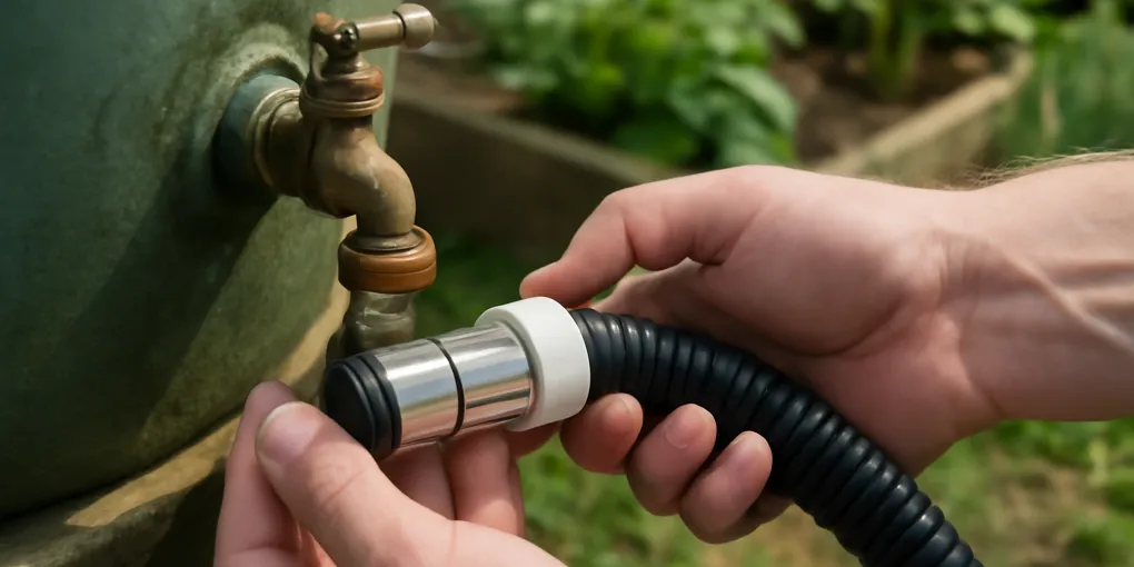 two connected rain barrels with overflow hose routed away from a house foundation